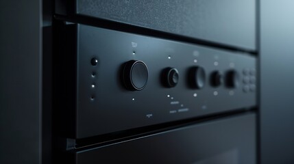 Close up of control panel with buttons on black integrated extractor hood in kitchen in apartment Low angle view of household equipment with removable filter Clean surface : Generative AI