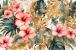 Seamless pattern with tropical leaves and hibiscus flowers, watercolor illustration