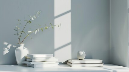 Poster - Cropped shot of trendy workspace with books stationery decorations and copy space on white table with grey wall : Generative AI