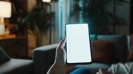 Leinwandbilder - closeup hand using phone showing white screen in living room : Generative AI