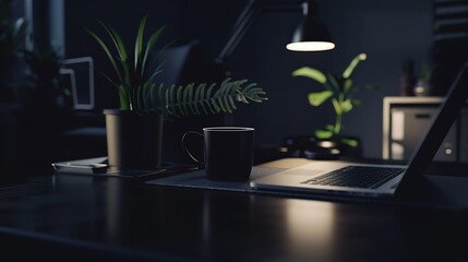 Aufkleber - Desk workspace desk dark workspace with black cup of coffee laptop and plant on dark table : Generative AI