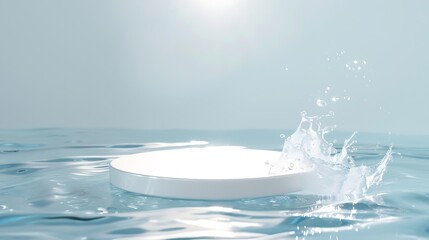 Poster - Empty white circle podium on transparent clear calm blue water texture with splashes and waves in sunlight Abstract nature background for product presentation Flat lay cosmetic mockup  : Generative AI