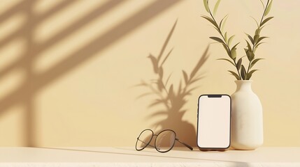 Aufkleber - Mobile phone with empty screen mockup notebook glasses vase with foliage branch empty neutral beige background with aesthetic sunlight shadow Minimalist business brand social media blo : Generative AI