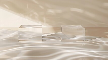 Poster - Two empty clear glass square podiums on beige transparent calm water texture with waves in sunlight Abstract nature background for product presentation Flat lay cosmetic mockup copy sp : Generative AI
