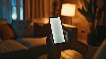 Leinwandbilder - closeup hand using phone showing white screen in living room : Generative AI