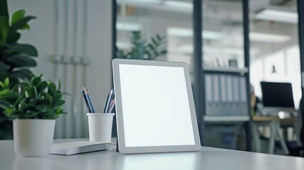 Poster - Closeup view of modern office room with blank screen digital tablet with office supplies on white wooden table : Generative AI