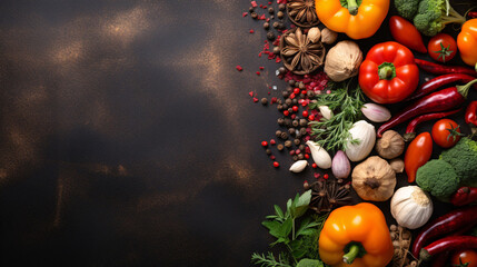 Wall Mural - Gourmet cooking delicious dishes illustration, condiments and spices on black background top view