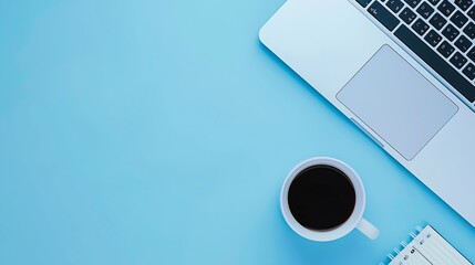 Aufkleber - Minimal work space  Creative flat lay photo of workspace desk Top view office desk with laptop notebooks and coffee cup on blue color background Top view with copy space flat lay photo : Generative AI