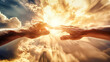 Two hands reach out towards each other in the sky, symbolizing unity, connection, and hope