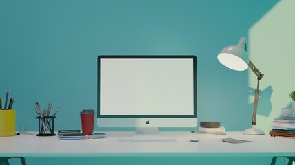 Fototapete - Close up view of creative workspace with blank screen computer supplies and copy space on white table with light blue wall : Generative AI