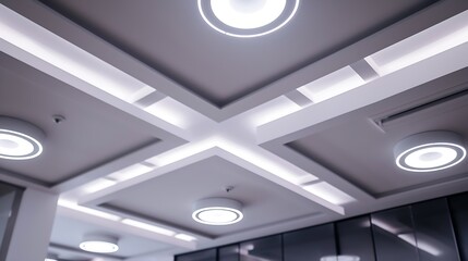 Leinwandbilder - Suspended ceiling made of square plasterboard slabs with builtin round LED lighting Closeup details of the ceiling in the office and an autonomous fire detector : Generative AI