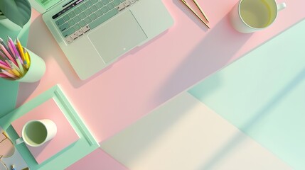 Pastel office desk table with laptop and supplies Top view with copy space flat lay : Generative AI