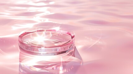 Poster - Empty clear glass circle podium on pink transparent calm water texture with waves in sunlight Abstract nature background for product presentation Flat lay cosmetic mockup copy space : Generative AI