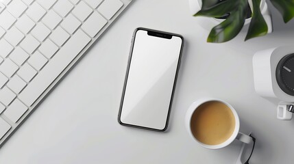Leinwandbilder - White office desk table with smartphone with blank mockup screen cup of coffee and computer keyboard Top view with copy space flat lay : Generative AI