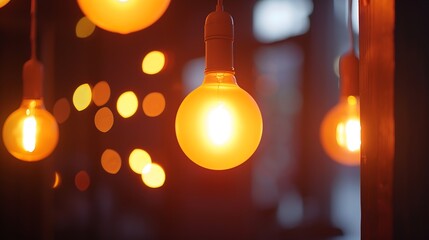 Poster - Classic sphere lighting bulbs are glowing in orange warming shade there are hanging from ceiling in dark environment Interior cozy style decoration Closeup and selective focus : Generative AI