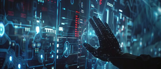 Close-up of business professional engaging with advanced computer interface for decentralized finance and AI chatbot programming in a high-tech digital world