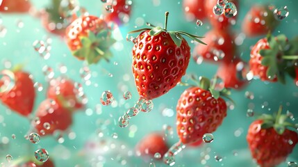 Wall Mural - Strawberry  Red strawberries against a pastel green background  water color, cartoon, animation 3D, vibrant