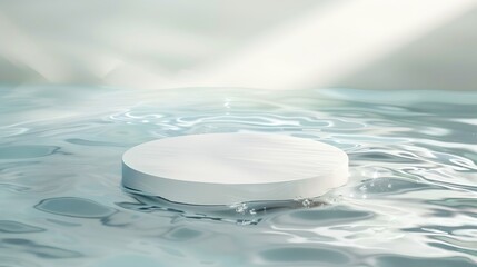 Poster - Empty white circle podium on transparent clear calm water texture with splashes and waves in sunlight Abstract nature background for product presentation Flat lay cosmetic mockup copy  : Generative AI