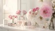 © Generative AI - Pink flowers on the dressing table in the white bedroom Flowers and perfumes in a bright interior White boudoir table close up and copy space : Generative AI