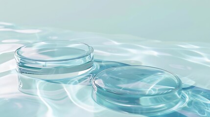 Poster - Two empty clear glass circle podiums on light blue transparent calm water texture with waves in sunlight Abstract nature background for product presentation Flat lay cosmetic mockup co : Generative AI
