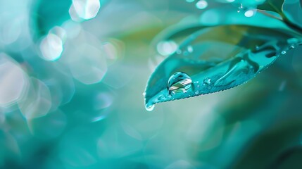 Aufkleber - Large drop water reflects environment Nature spring photography raindrops on plant leaf Background image in turquoise and green tones with bokeh : Generative AI