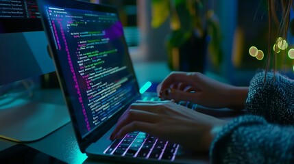 Wall Mural - focused female developer programs in html on laptop: a detailed view of web development and coding p