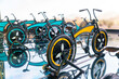 modern bicycles and indoor exercise equipment. entertaining virtual bike race attraction.