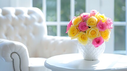 Wall Mural - Pink and yellow roses in Modern white vase on white table beside classic armchair : Generative AI