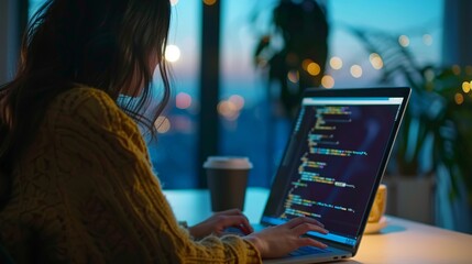 Wall Mural - focused female developer programs in html on laptop: a detailed view of web development and coding p