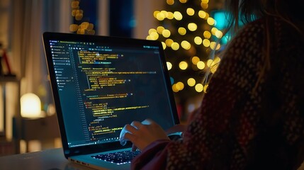 Wall Mural - focused female developer programs in html on laptop: a detailed view of web development and coding p