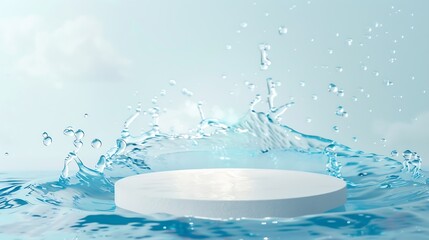 Aufkleber - Empty white circle podium on transparent clear calm blue water texture with splashes and waves in sunlight Abstract nature background for product presentation Flat lay cosmetic mockup  : Generative AI