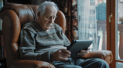 elderly man playing a game on a tablet while sitting in a comfortable armchair