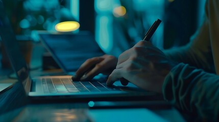 Casual business man with pen in hand busy working on laptop computer typing on keyboard with notebook mobile smart phone on desk in modern office close up dark tone : Generative AI