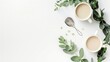 Planner cup of coffee and milk eucalyptus leaves glasses tea strainer on white background Flat lay top view copy space : Generative AI