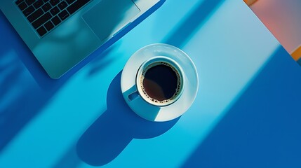 Aufkleber - Blue workplace with laptop and coffee cup Top view Flat lay : Generative AI