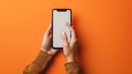 Poster - Close up of woman hand using smartphone isolated on orange wall Female hands showing empty white screen of modern smart phone Businesswoman holding cellphone and unlocks it with her fi : Generative AI