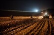 harvesting crops on a farm, showcasing farmers tending to fields and gathering produce, at night farm process