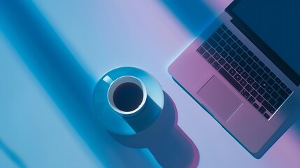 Aufkleber - Blue workplace with laptop and coffee cup Top view Flat lay : Generative AI