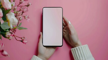 Aufkleber - Mockup of mobile phone with blank copy space screen in female hand Flat lay top view workspace : Generative AI