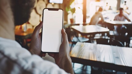 Millennial caucasian guy hand hold mobile phone with blank screen work study or online communication in cafe cropped pov Website blog and app recommendation close up : Generative AI