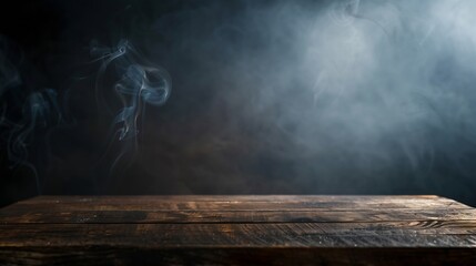 empty wooden table with smoke float up on dark background Dark wood texture background surface with old natural pattern wood table on blur of cafe coffee shop bar background can used f : Generative AI