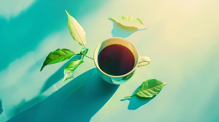Aufkleber - Coffee cup with leaves Flat lay Nature concept : Generative AI