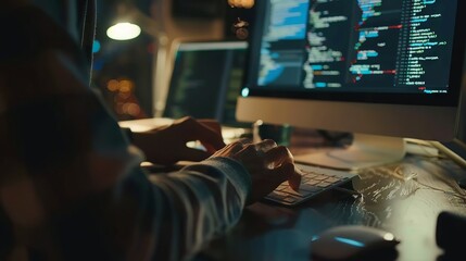 Wall Mural - focused programmer engaged in front-end development and website optimization using modern coding sta