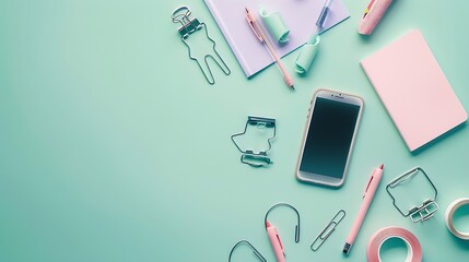 Poster - Back to school concept Top view photo of school supplies smartphone on notepad pens binder clips and adhesive tape on isolated pastel green background with copyspace : Generative AI