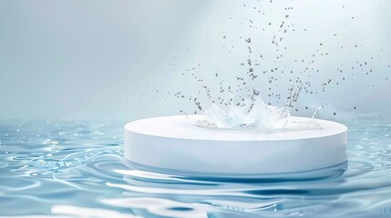 Aufkleber - Empty white circle podium on transparent clear calm blue water texture with splashes and waves in sunlight Abstract nature background for product presentation Flat lay cosmetic mockup  : Generative AI