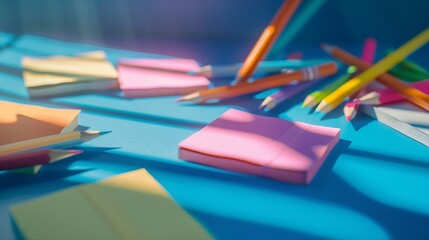 Aufkleber - Pencils and various color sticky notes on blue background : Generative AI