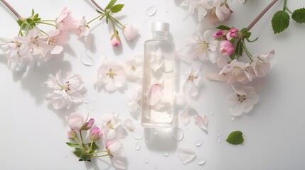 Wall Mural - Organic dry oil for face hair and body  Beautiful bottle with flowers on white Beauty blogger flat lay concept : Generative AI