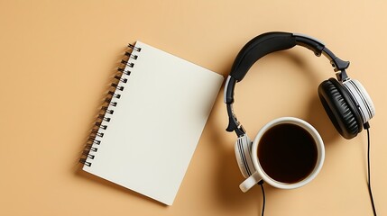 Aufkleber - A blank notepad a cup of coffee and headphones on a beige background Flat lay podcast : Generative AI