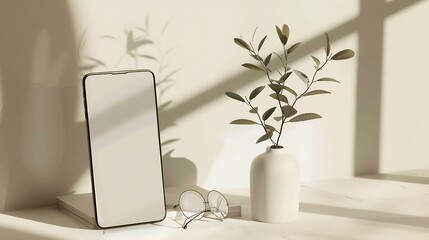 Aufkleber - Mobile phone with empty screen mockup notebook glasses vase with foliage branch empty neutral beige background with aesthetic sunlight shadow Minimalist business brand social media blo : Generative AI