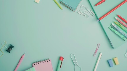Poster - Back to school background Flat lay top view of school accessories notebook pens on isolated light green table background School stationery on desk Copyspace : Generative AI